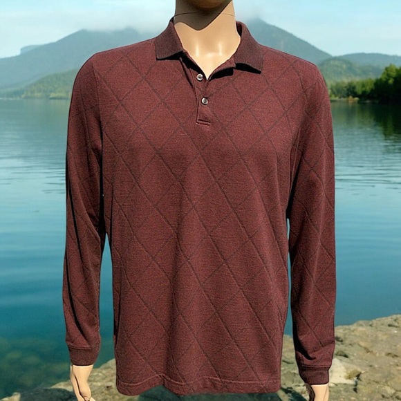 Van Heusen Burgundy Diamond Print Long Sleeve Polo - Picture 6 of 16